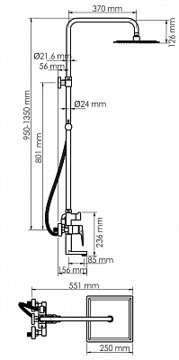 WK Душевая система A16701 со смесителем (1-фун. лейка,верхн.душ 250*250мм,шланг1,5м,PVD-черн.глянец)